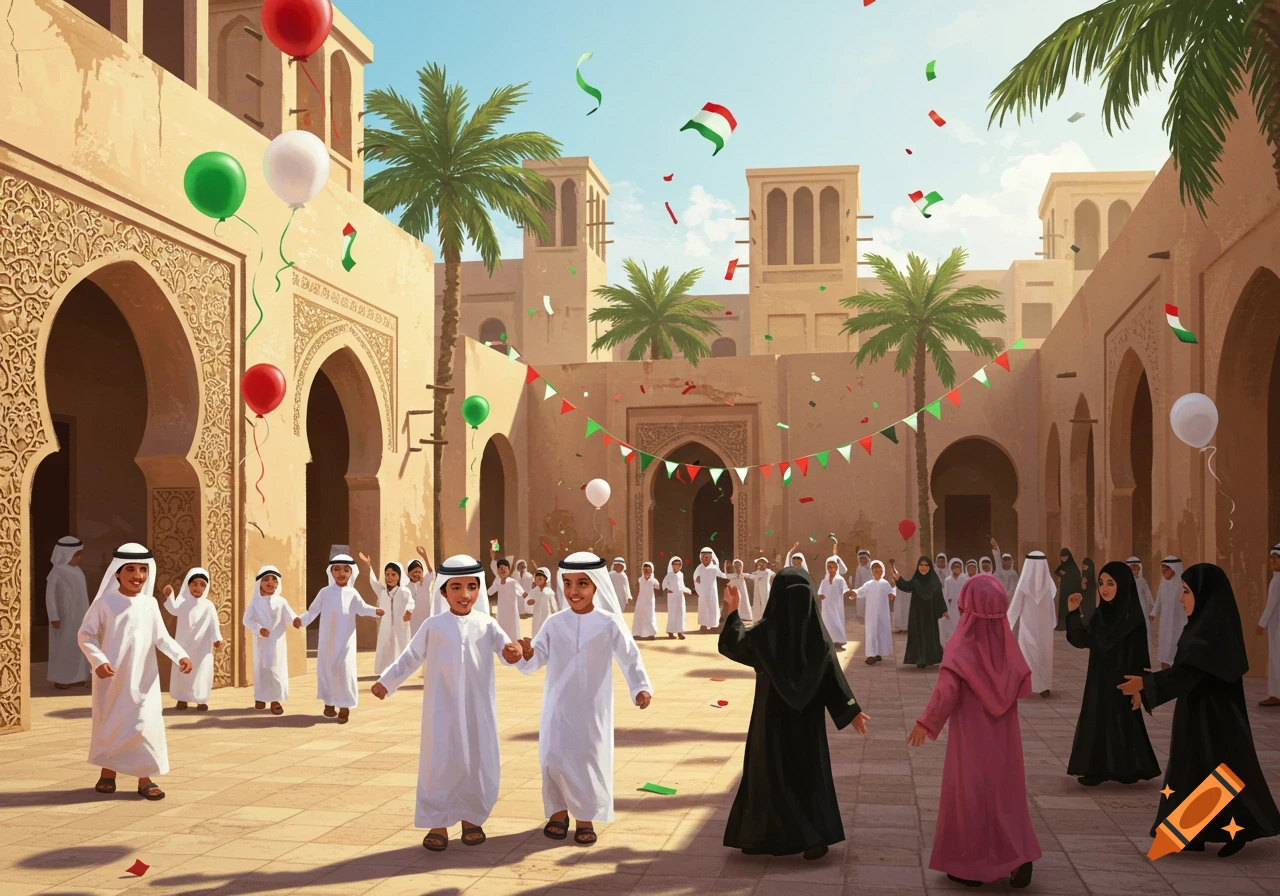 Illustrated scene of children and adults in traditional attire celebrating in a sunny Middle Eastern courtyard with balloons and confetti.