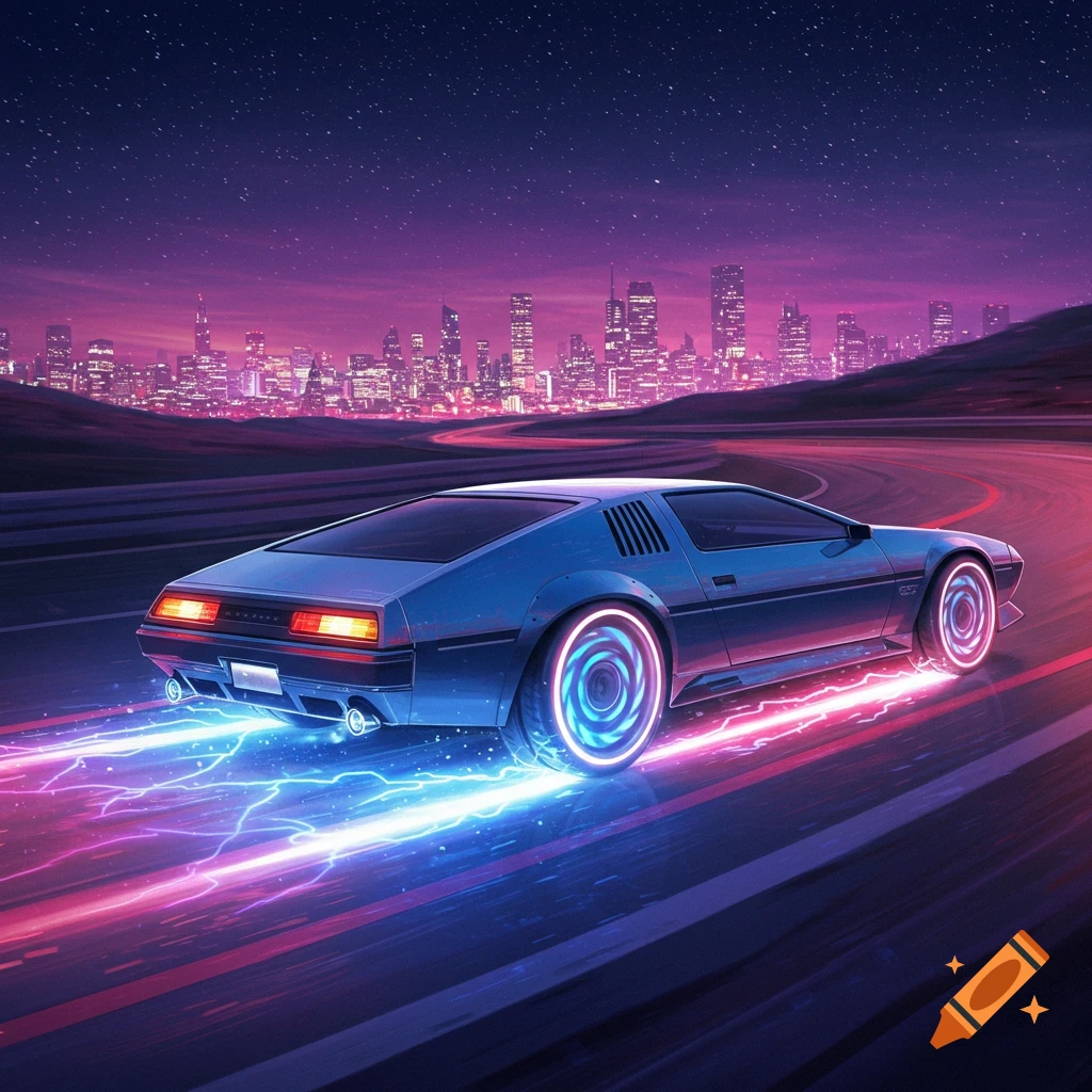 A blue retro-futuristic sports car with glowing wheels and neon lightning trails speeds along a highway at night, with a glowing cityscape in the background under a starry sky.