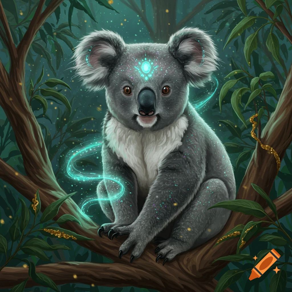 A magical koala with glowing blue light and sparkling dust sits on a tree branch in a dark, mystical forest, digital art.