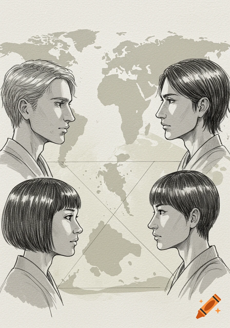 Sketch of four people's profiles, two men and two women, facing towards the center of the image, against a light world map background.