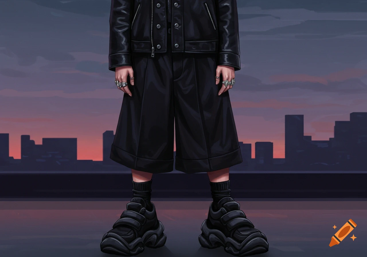 Illustration of a person wearing a black leather jacket, wide shorts, high socks, and chunky sneakers against a city skyline at dusk.