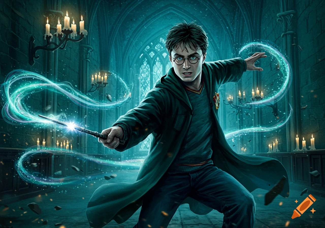 Harry Potter casts a glowing green spell from his wand in a dark, stone hall lit by candles, detailed illustration.