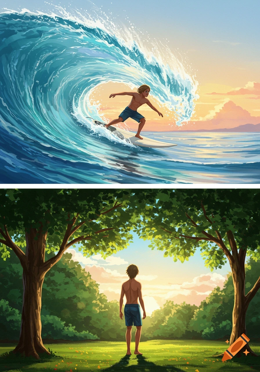 Illustration of a young man surfing a wave and another young man standing in a park at sunset.