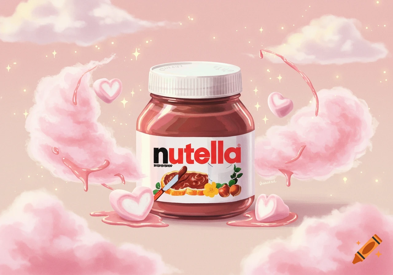 Whimsical illustration of a Nutella jar surrounded by pink cotton candy clouds, heart marshmallows, and sparkles.