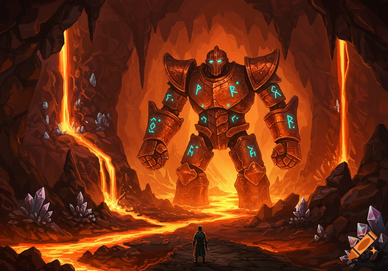A small adventurer faces a giant, glowing-eyed copper golem in a cavern filled with flowing lava and crystals.