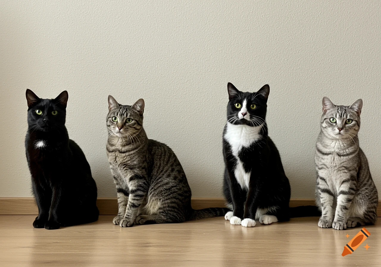 Four domestic cats of different colors sit side-by-side on a light wood floor in front of a beige wall.