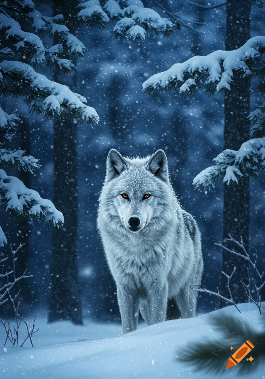 Photorealistic white wolf with glowing orange eyes staring in a snowy blue forest as snowflakes fall.
