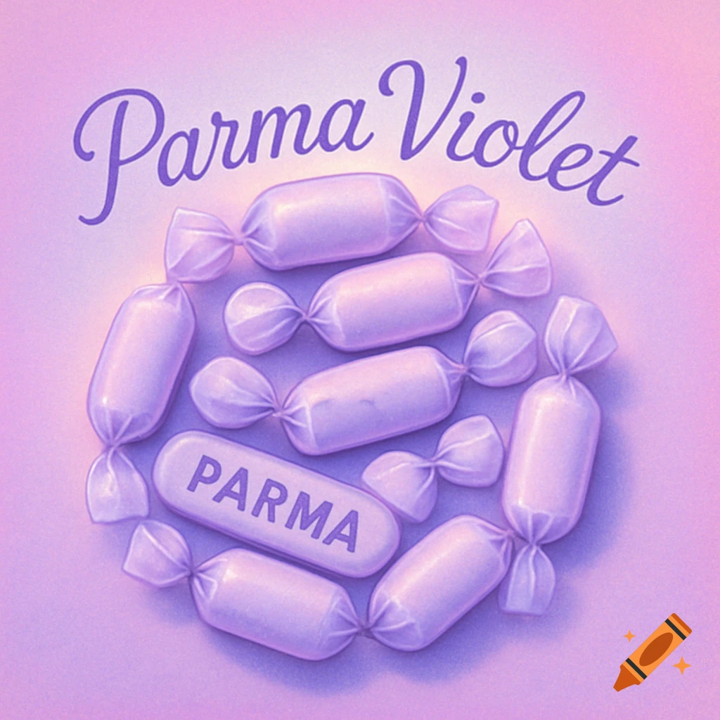 Purple Parma Violet candies on a pink background, with 'Parma Violet' text at the top and 'PARMA' on one candy.