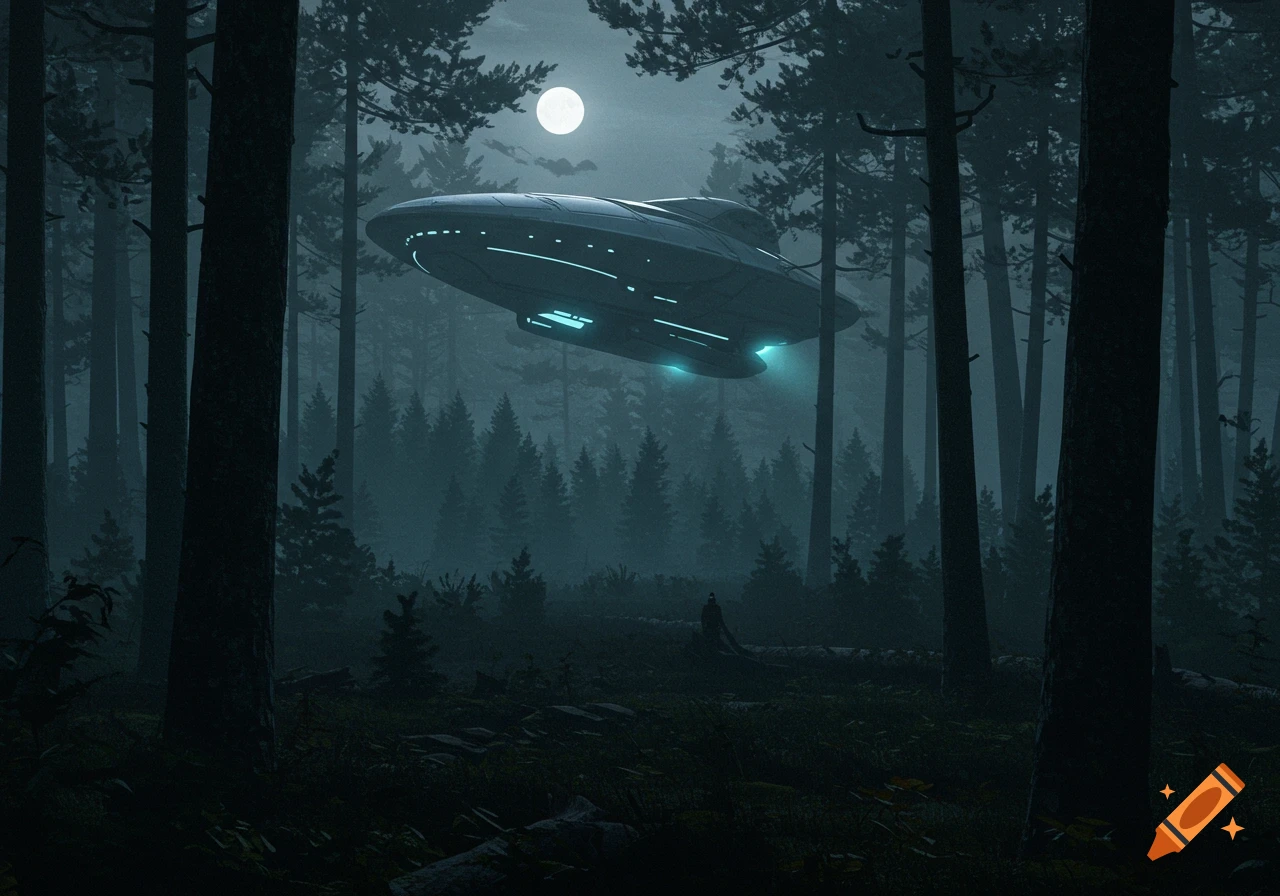 A glowing UFO hovers above a dark, misty forest at night under a full moon, casting an eerie atmosphere.