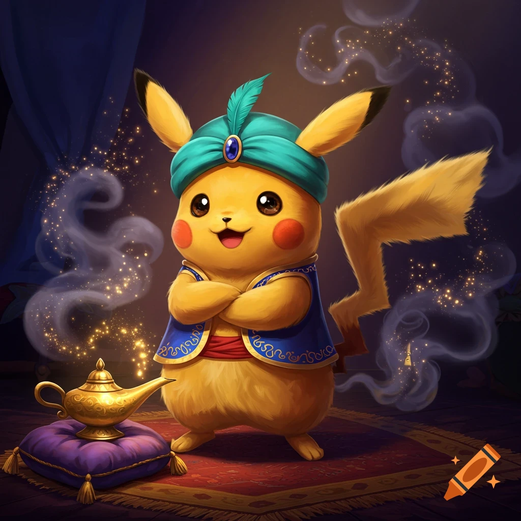 A cheerful Pikachu genie wearing a teal turban and vest, standing next to a magic lamp with golden sparkles.