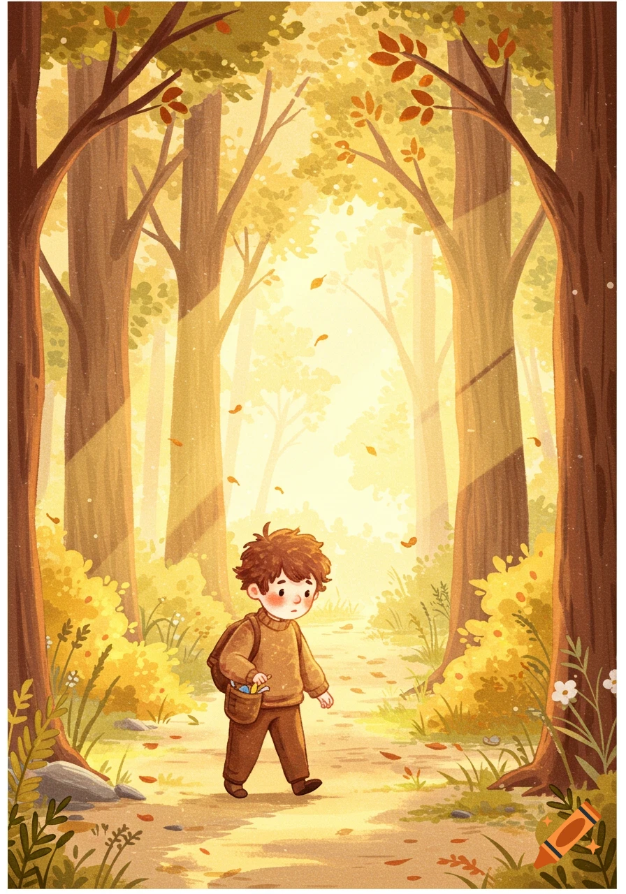 A cute child with a backpack walks on a path in a sunlit autumn forest, in a storybook watercolor style.