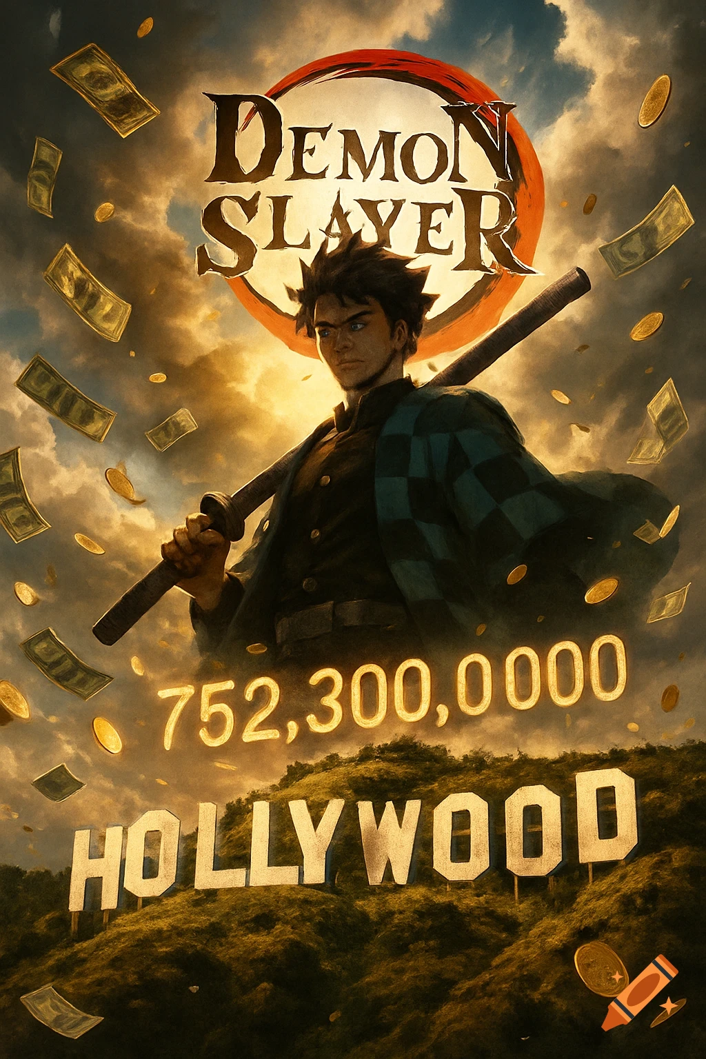 An anime movie poster of Tanjiro from Demon Slayer towering over the Hollywood sign, with 'DEMON SLAYER' text, '752,300,000' and money floating around.