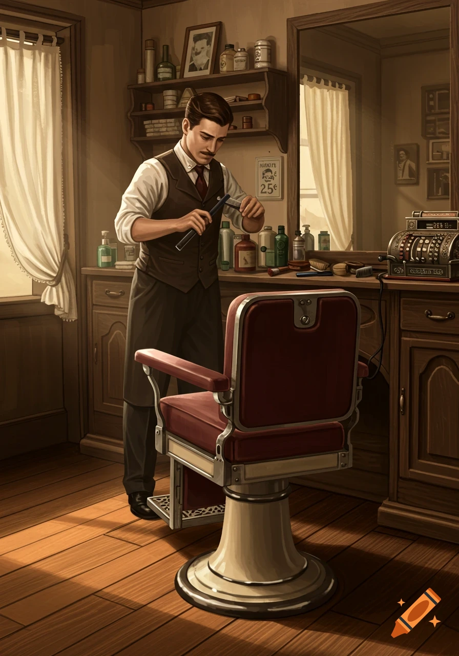 A vintage illustration of a barber with a mustache in his shop, preparing a razor by a red barber chair.