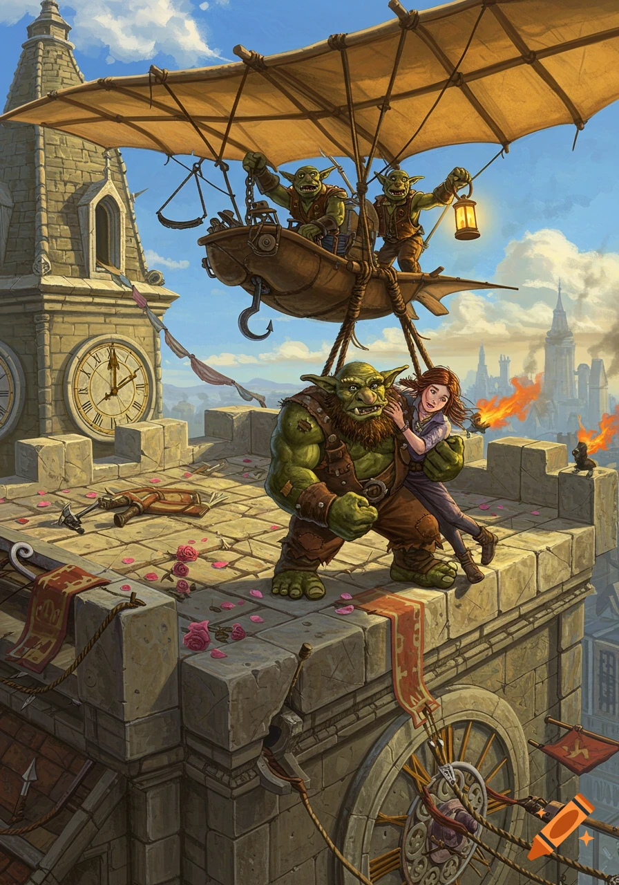 A vibrant oil painting shows trolls in a canvas glider swooping to a clock tower, where a large troll protects a frightened woman.