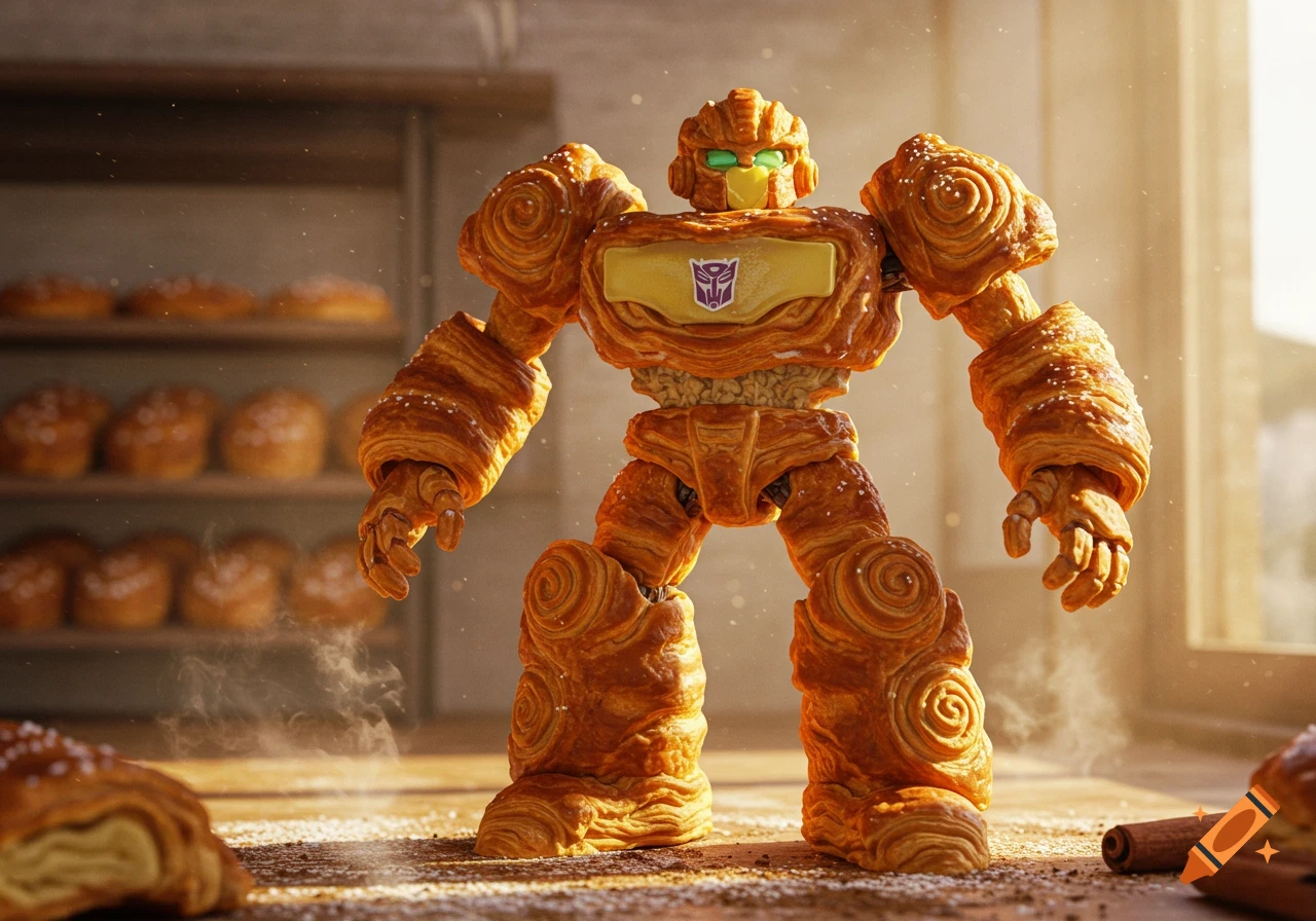 A robot made of flaky, golden croissants, with an Autobot symbol on its chest, stands in a bakery.