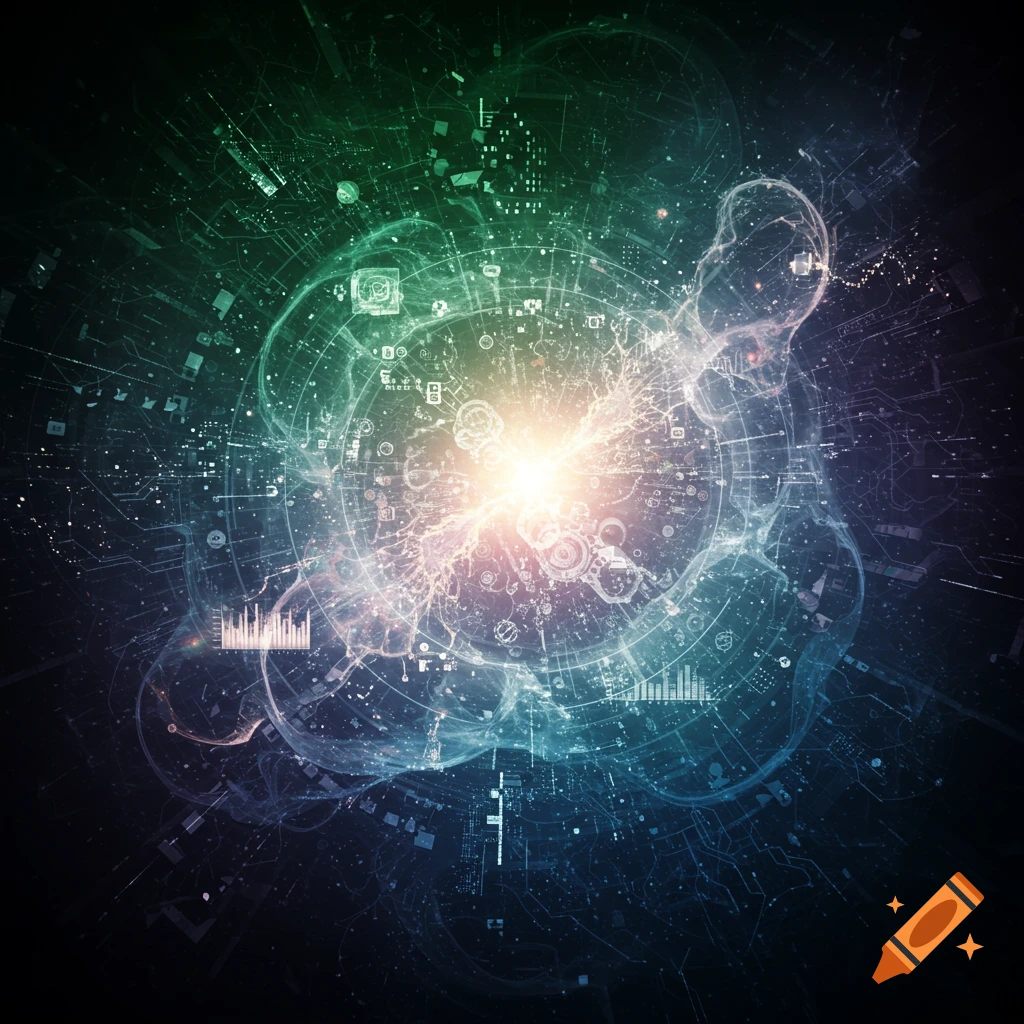 A vibrant abstract image with a bright central light surrounded by glowing circuit-like patterns and ethereal energy fields in green and blue.