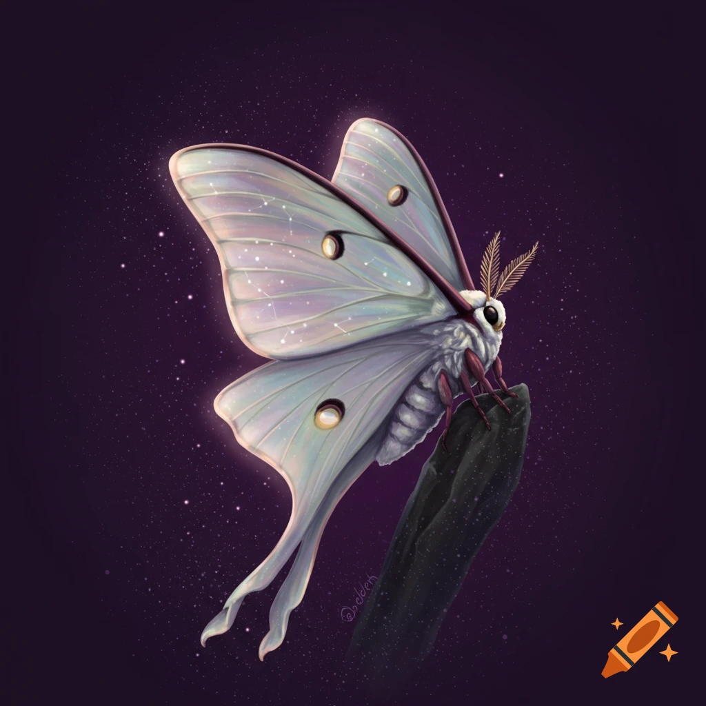 A whimsical illustration of a lunar moth with large, iridescent wings with subtle stars, perched on a dark branch against a magical, dark purple, starry background.