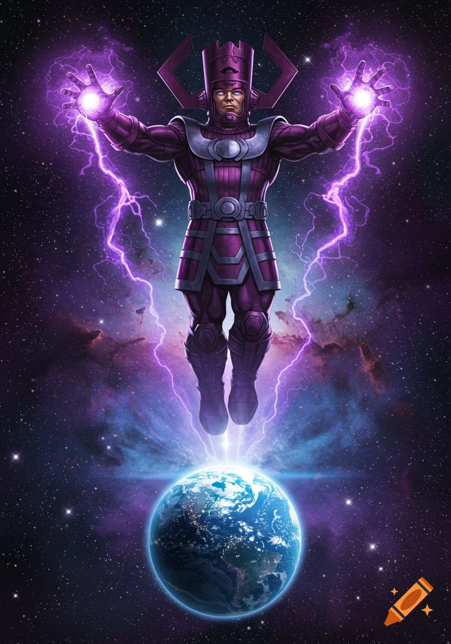 Galactus, a large purple cosmic entity, floats above Earth, radiating purple energy from his hands in a comic book art style.