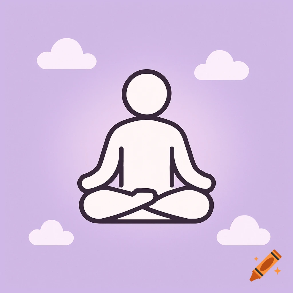 A minimalist flat art icon of a person meditating in a lotus position on a lavender background with white clouds.