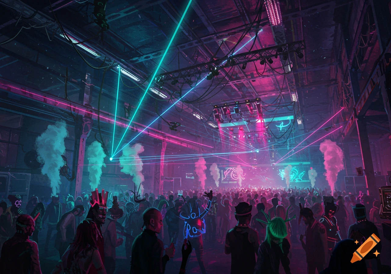 A crowded cyberpunk rave in a warehouse with blue and pink lasers, smoke, and neon-clad partygoers.
