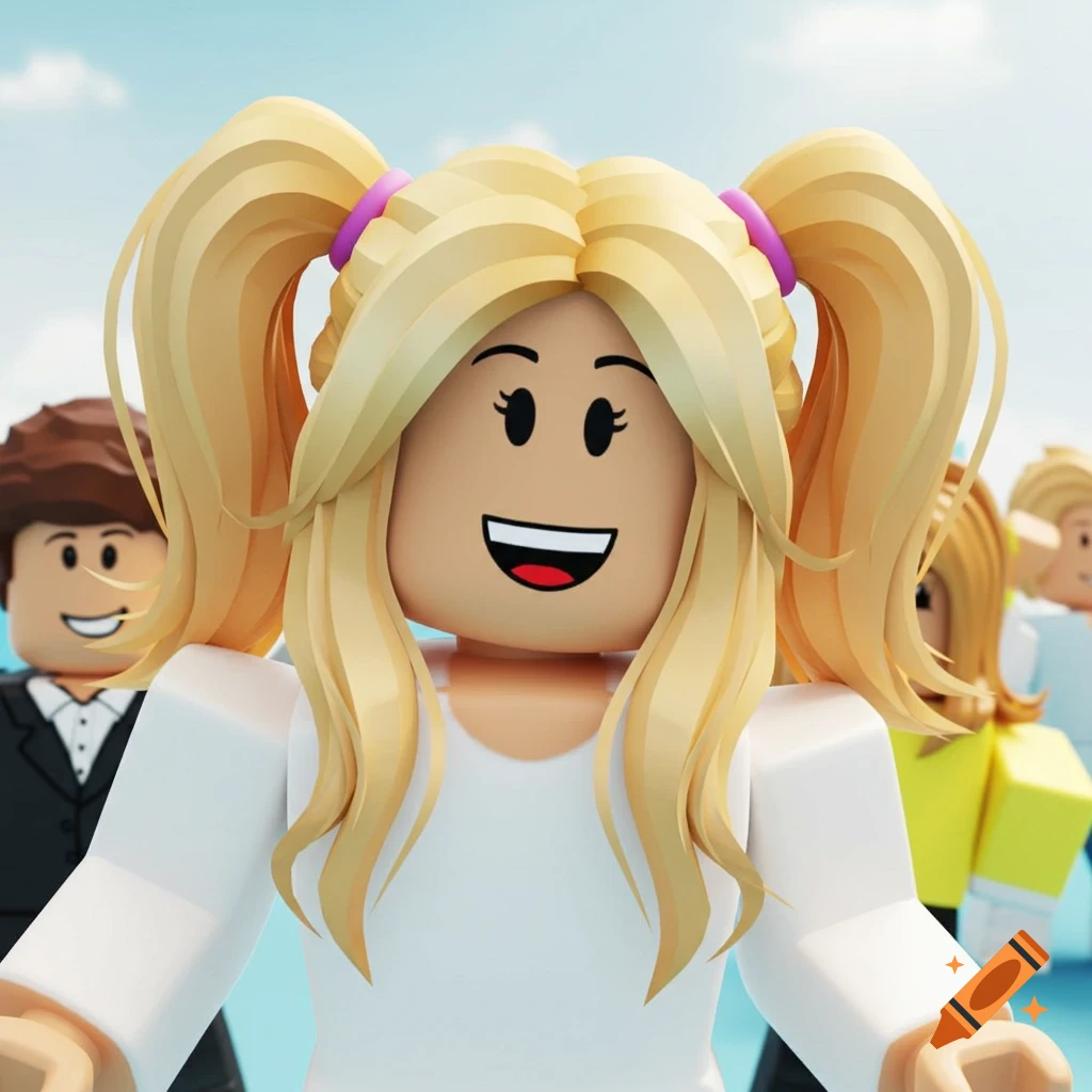 A smiling Roblox female avatar with blonde pigtails in a white top, standing in a group against a blue sky, 3D render style.