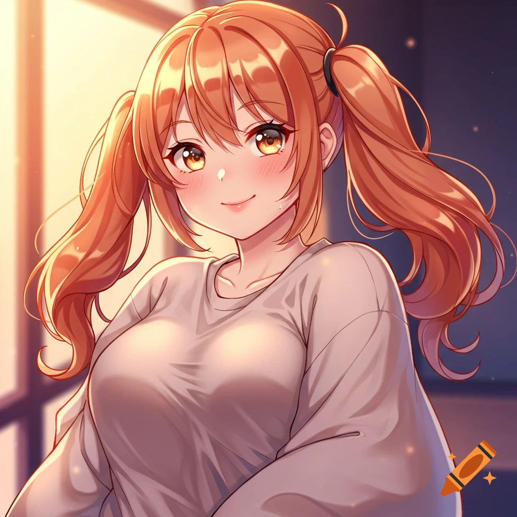 Anime girl with orange pigtails, blush, and a light t-shirt, smiling slightly.