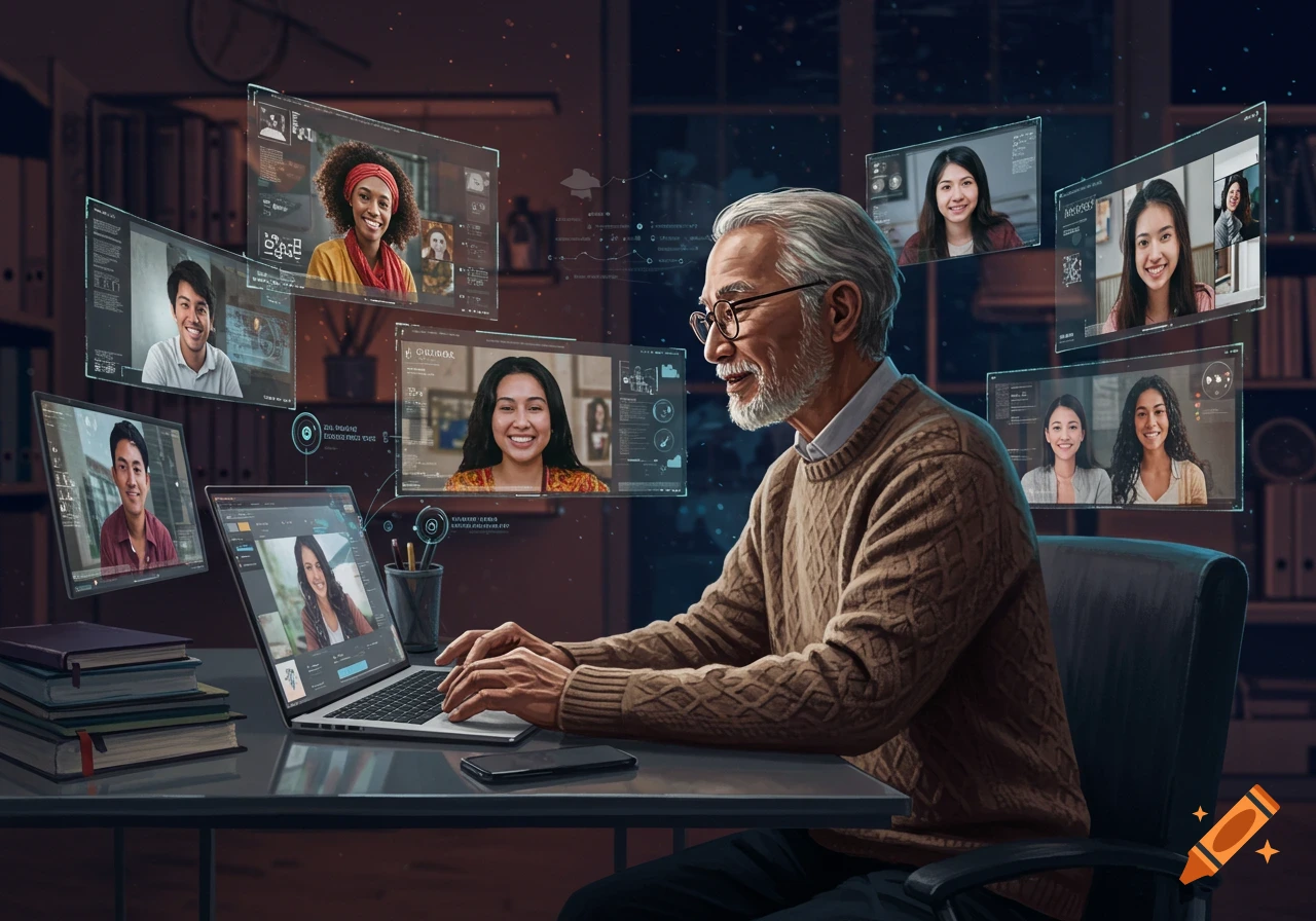 An older, bearded man in glasses uses a laptop, surrounded by floating holographic screens of diverse young people in a virtual meeting.