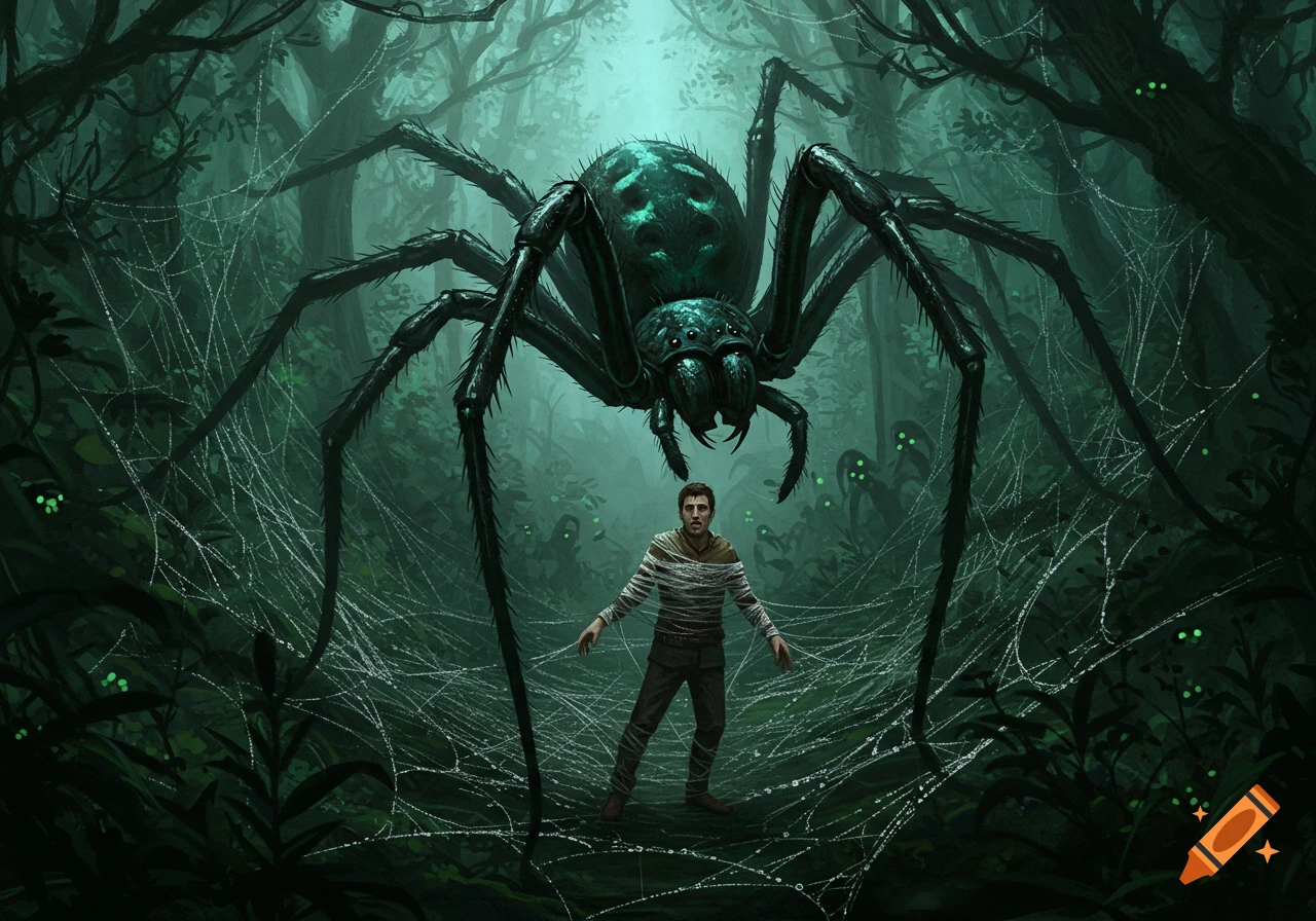 A man wrapped in spider webs looks up at a giant spider in a dark, misty forest with glowing-eyed figures in the background.