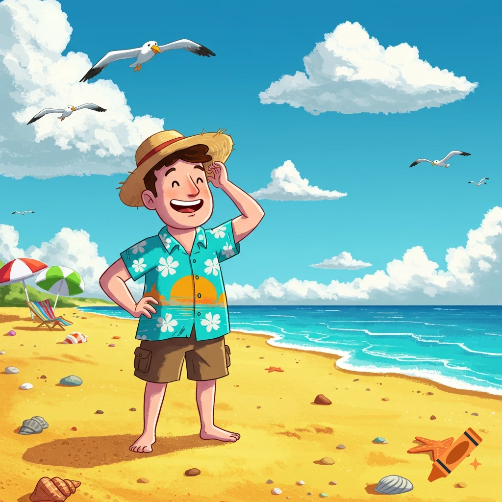 Cartoon man in a straw hat and Hawaiian shirt smiles on a sunny beach with seagulls flying above and ocean waves.