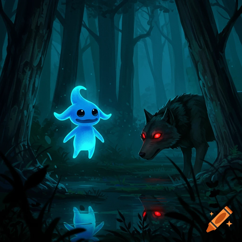 A glowing blue fantasy creature stands in a dark forest facing a wolf with red eyes, reflected in water. Digital art.