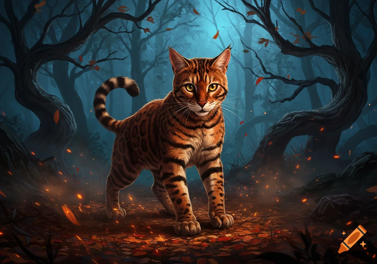 An orange and black striped cat stands in a dark, misty fantasy forest with glowing embers on the ground.