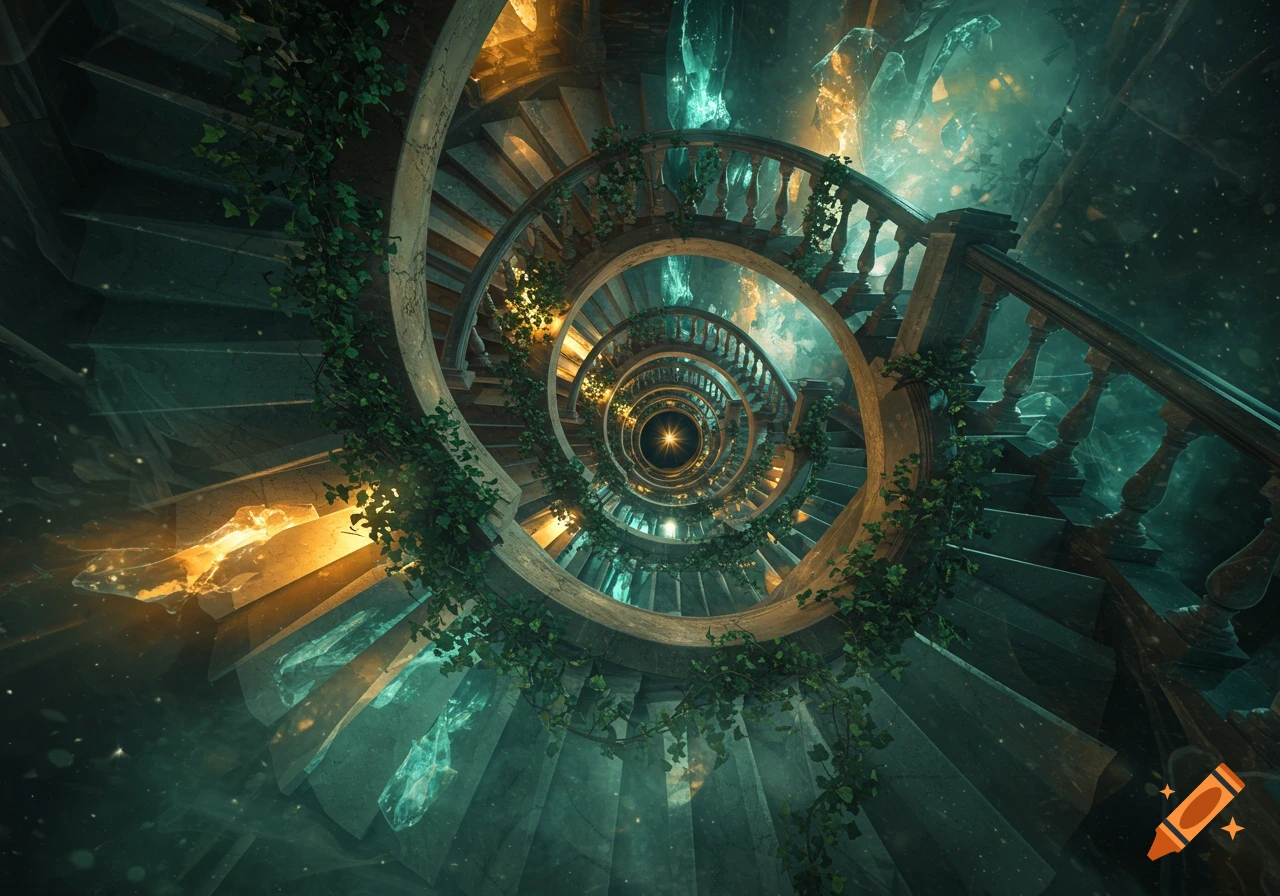 An ethereal spiraling stone staircase adorned with green vines and glowing crystals in a dark, fantasy labyrinth.