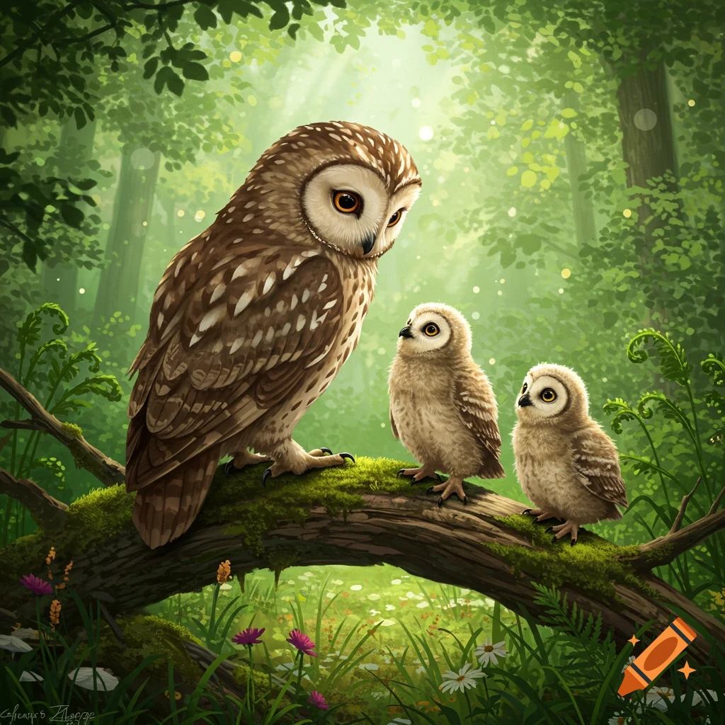 An illustrated mother owl and two owlets perch on a mossy branch in a sun-dappled forest.