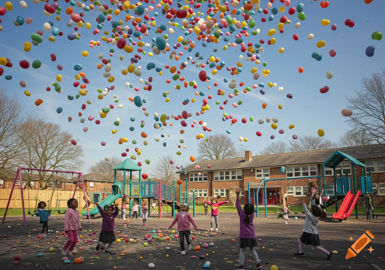 Children play in a school playground as thousands of colorful jellybeans rain down from a blue sky.