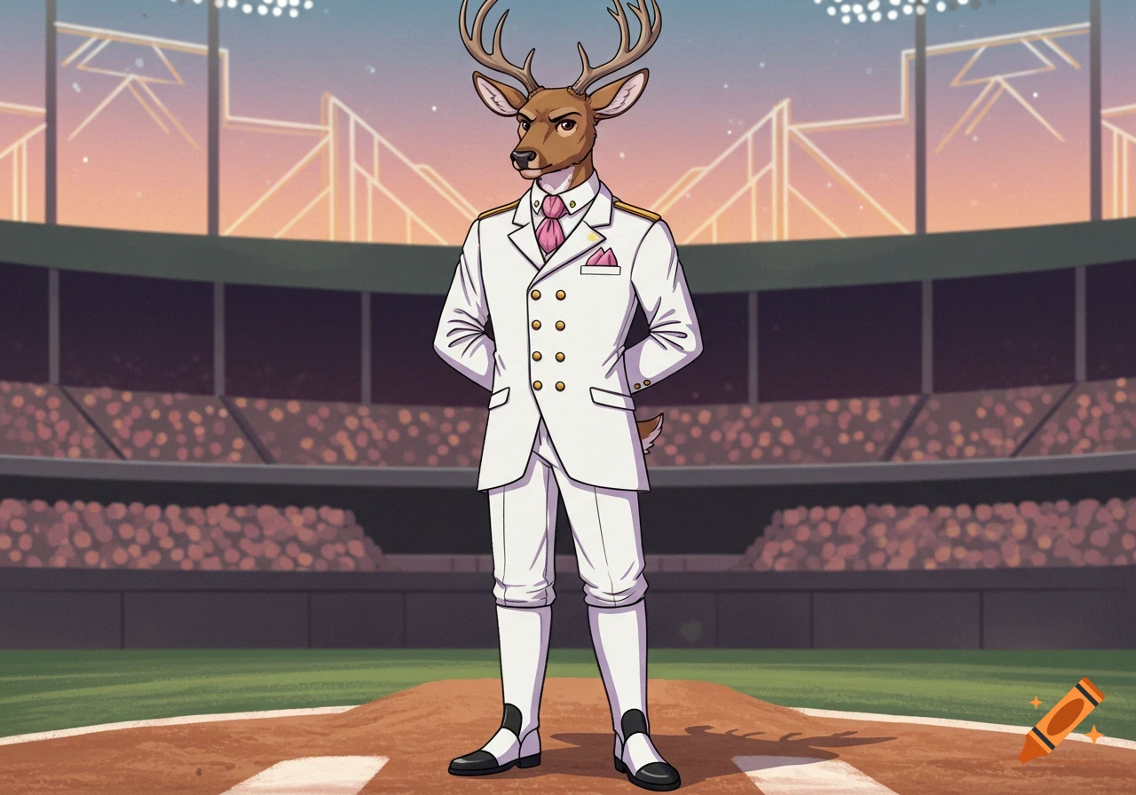 A 2D cartoon of an anthropomorphic male deer in a white suit, pink ascot, and white and black boots, standing on a baseball pitcher's mound.