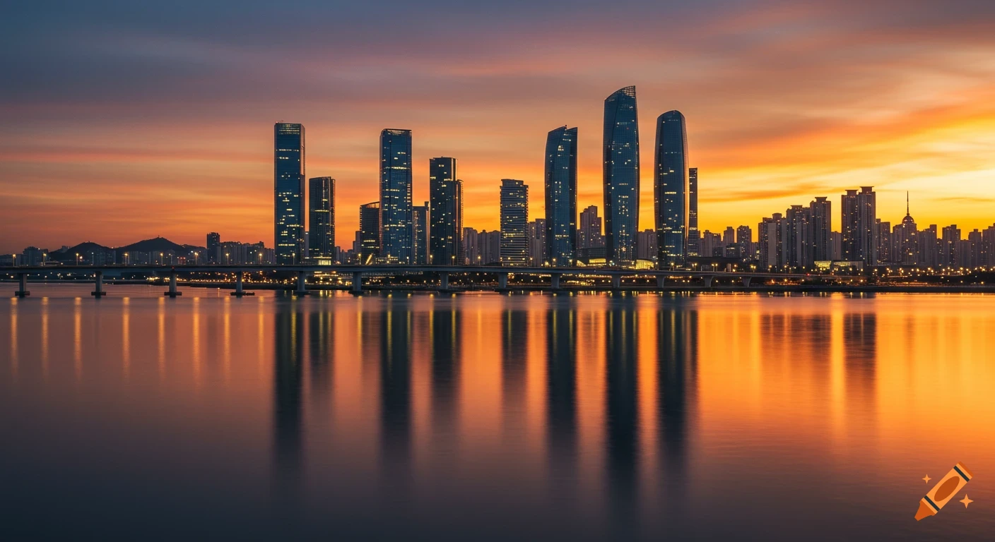 Photorealistic cityscape with modern skyscrapers reflecting on calm water during a vibrant orange and purple sunset.