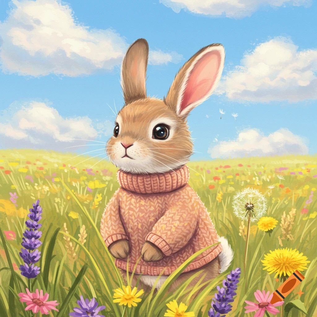 A cute, brown, cartoon rabbit in a pink knitted sweater stands in a vibrant field of colorful wildflowers under a blue sky.