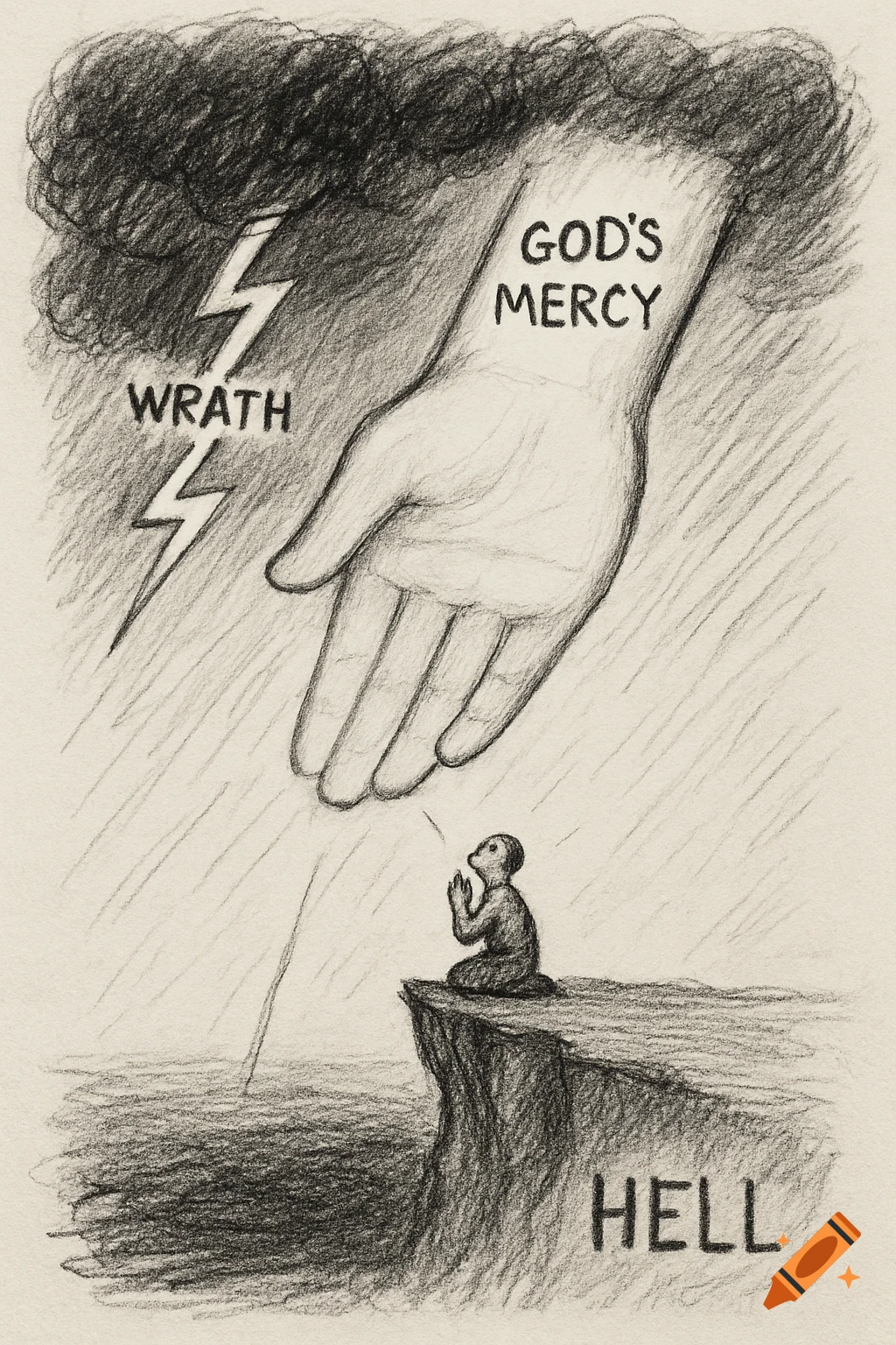 Sketch of a praying human on a cliff, a giant hand labeled "God's Mercy" blocking a storm labeled "Wrath", with "Hell" on the cliff.