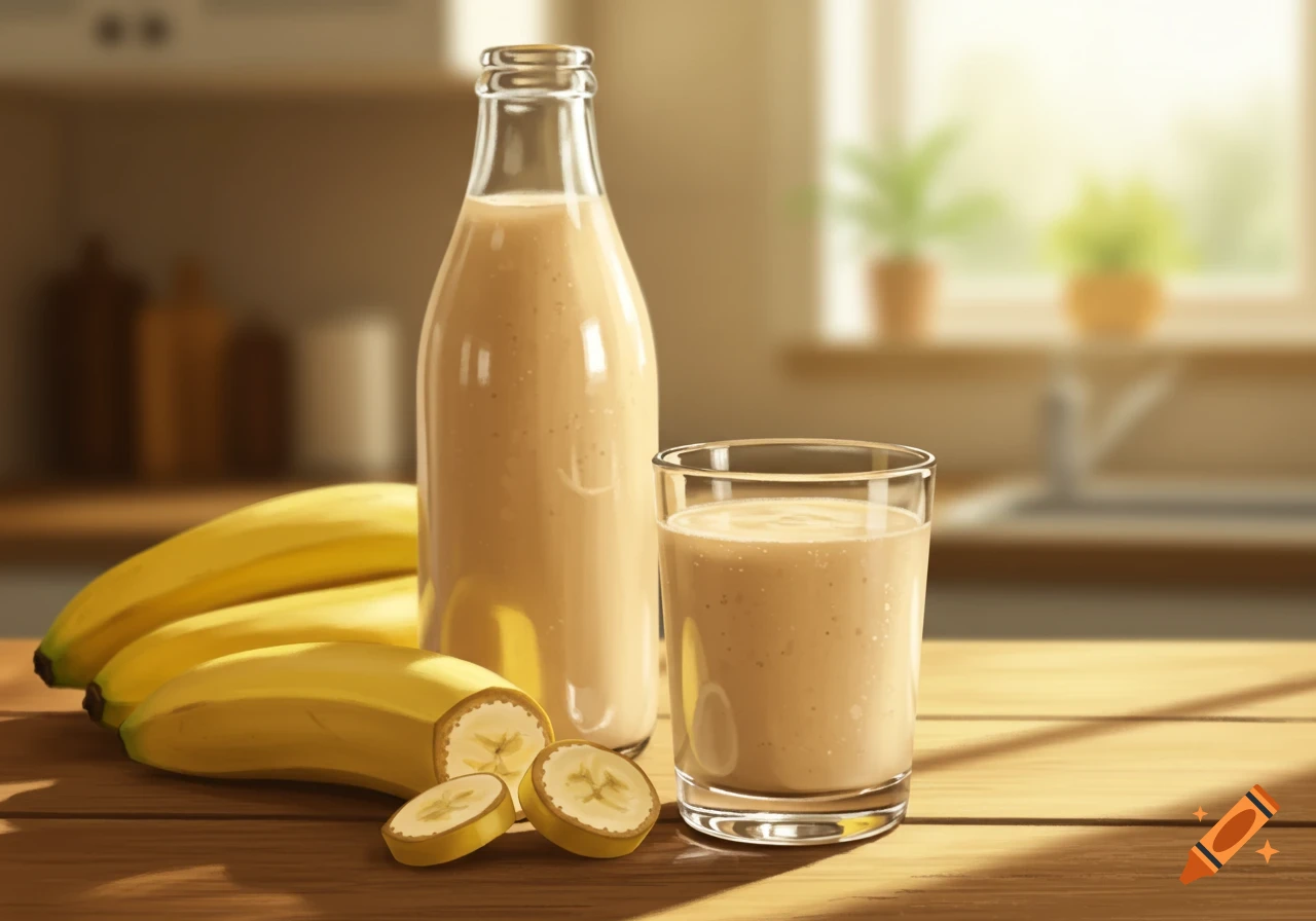 Photorealistic banana smoothie in a bottle and glass, with fresh and sliced bananas on a sunlit wooden kitchen table.