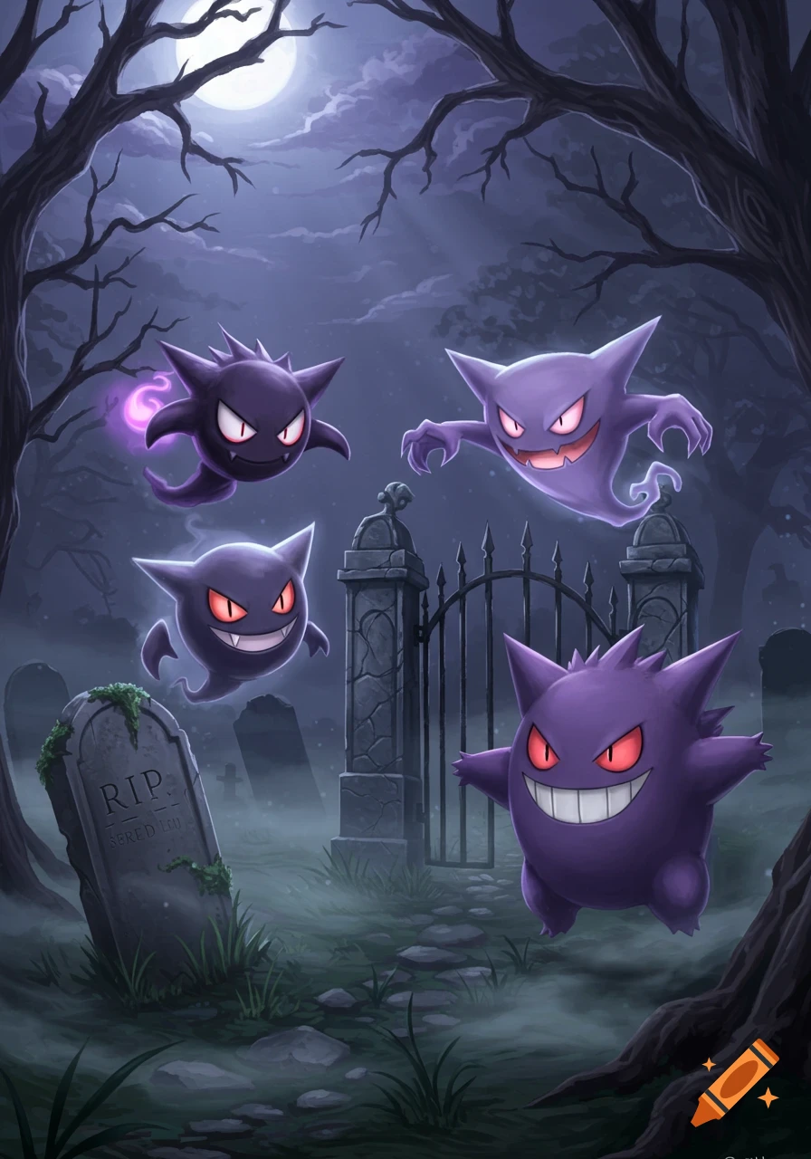 Gastly, two Haunters, and a Gengar float in a spooky, foggy graveyard under a full moon, surrounded by bare trees and tombstones in an illustrated style.