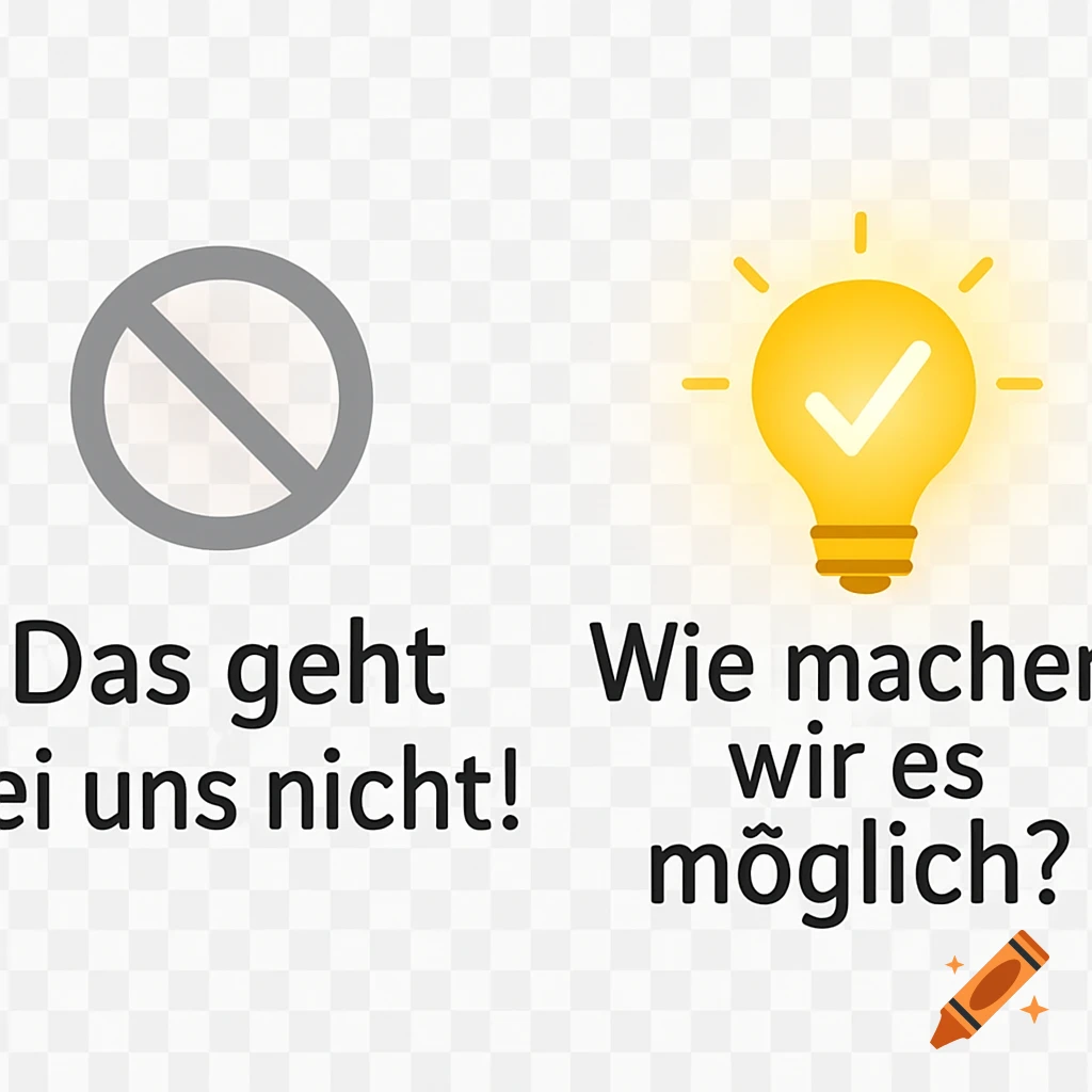 Motivational graphic with a 'no' symbol and 'Das geht bei uns nicht!', contrasting with a lightbulb and 'Wie machen wir es möglich?'