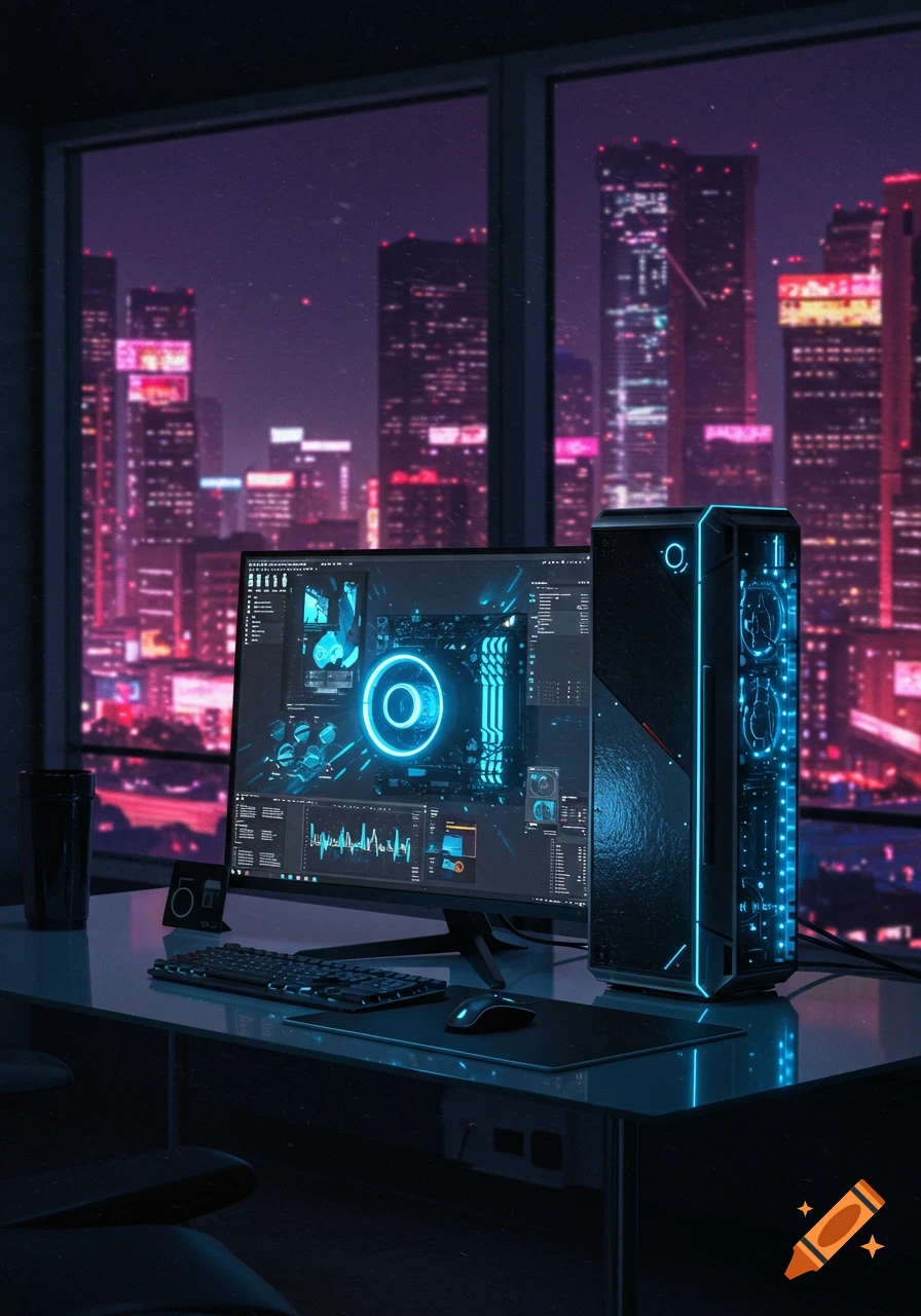 A glowing cyberpunk computer setup with a monitor displaying blue UI elements and a tower PC against a dark city skyline at night.