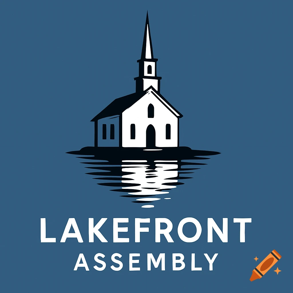 A minimalist logo featuring a white church with a steeple, reflected in dark blue water, with "LAKEFRONT ASSEMBLY" in white text below.
