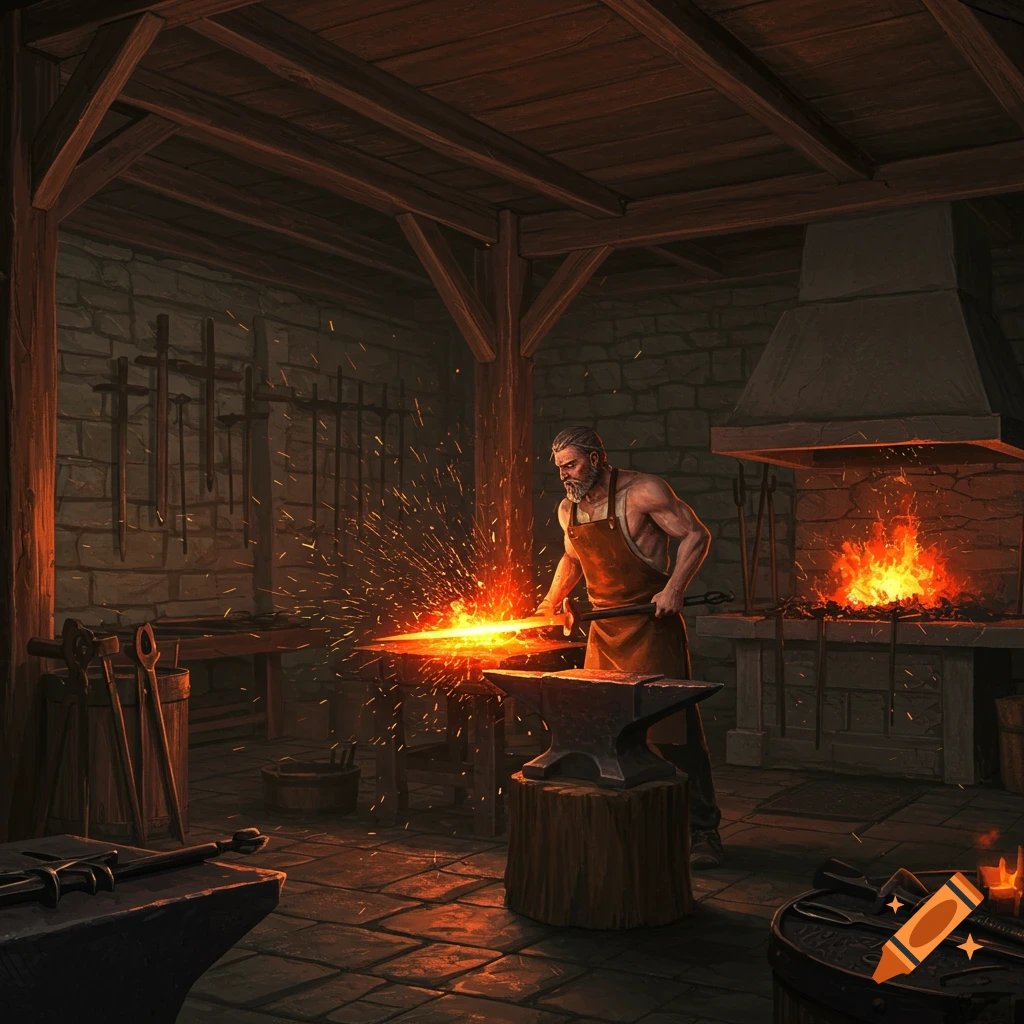 A muscular blacksmith in an apron hammers a glowing sword on an anvil, surrounded by sparks and fire in a dark, detailed forge. Fantasy art style.