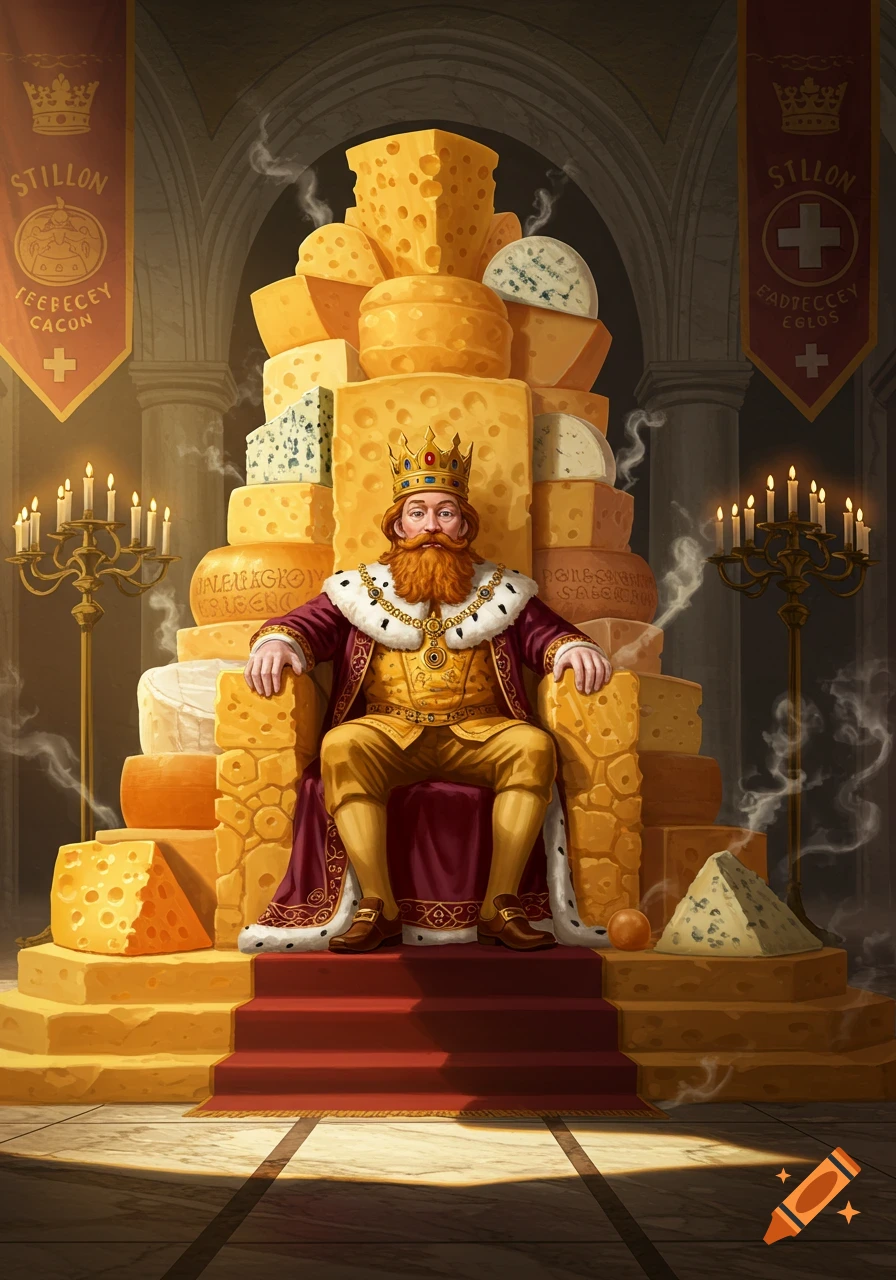 A red-bearded king in royal robes sits on a grand throne made of various cheeses in a dark hall with candelabras.