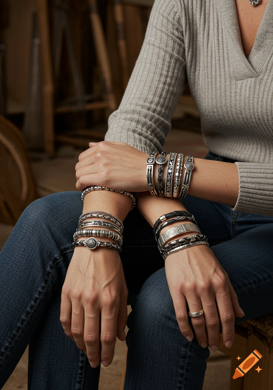 Close-up of a person's arms wearing many silver and leather bracelets and a ring, sitting in jeans.