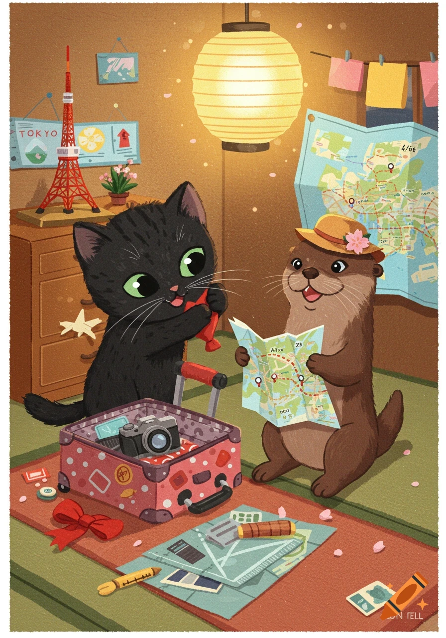 A cute cartoon black kitten and an otter are packing for a trip to Tokyo. The kitten plays with a fish toy, while the otter holds a map, both surrounded by travel items in a cozy room.