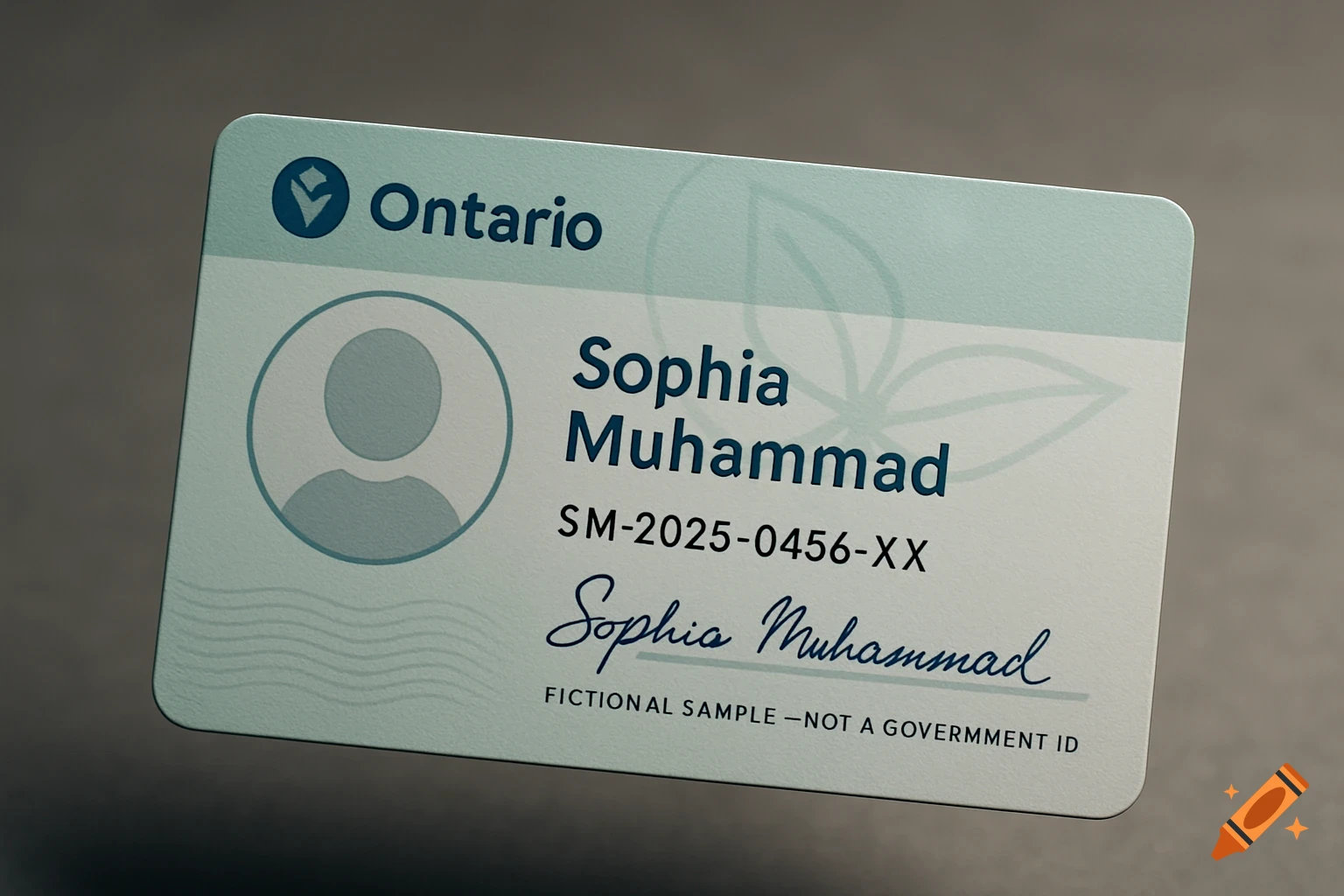 A photorealistic fictional Ontario-inspired health card with the name Sophia Muhammad, a sample ID, and a disclaimer.