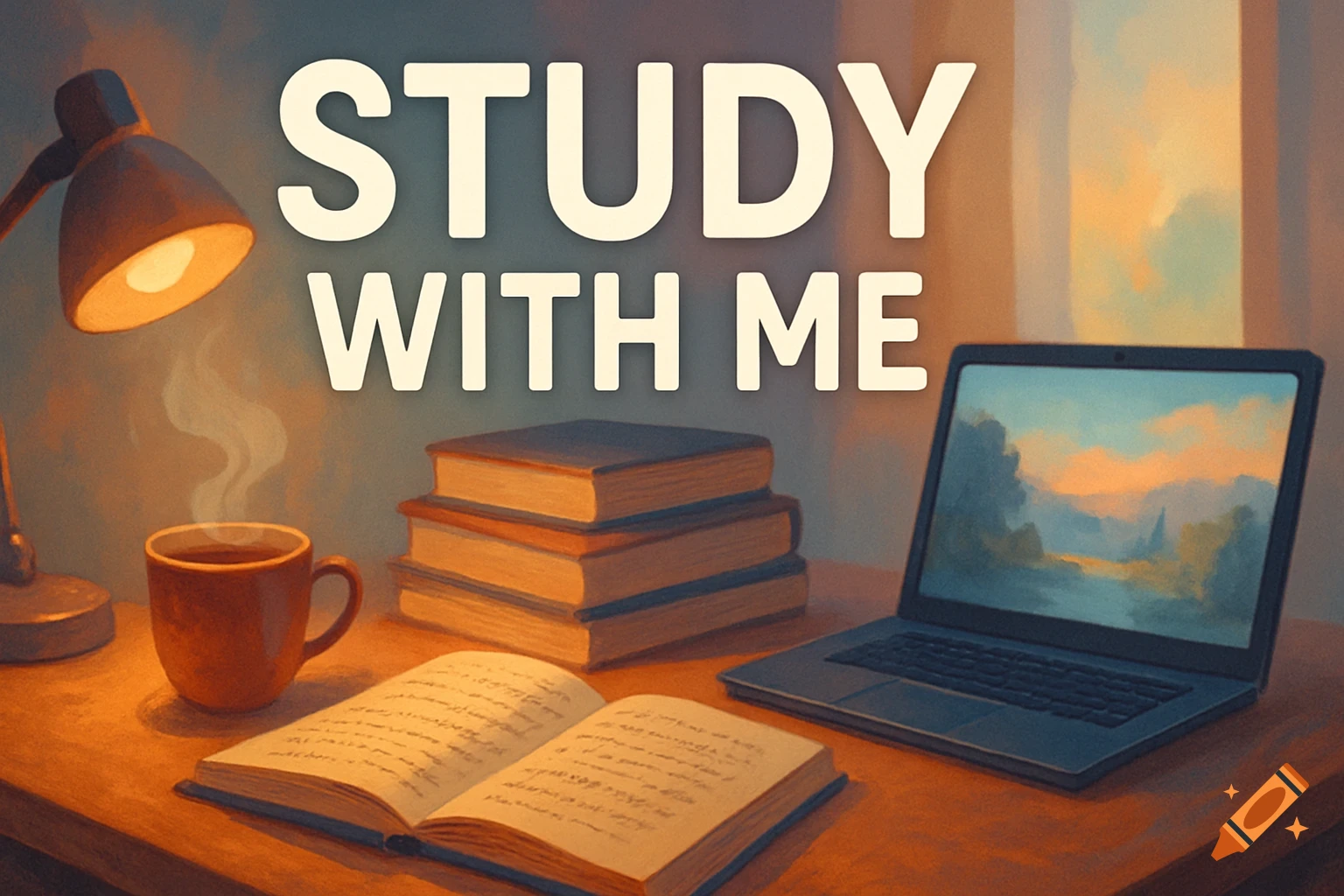 Digital painting of a study desk with a lamp, books, coffee mug, laptop showing a landscape, and an open book. Text reads 'STUDY WITH ME'.