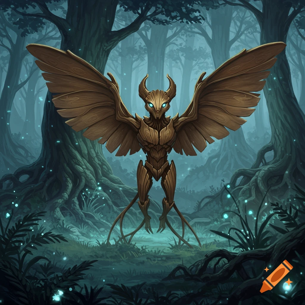 A wooden, bat-like creature with glowing blue eyes stands in a dark, mystical forest with glowing light particles.